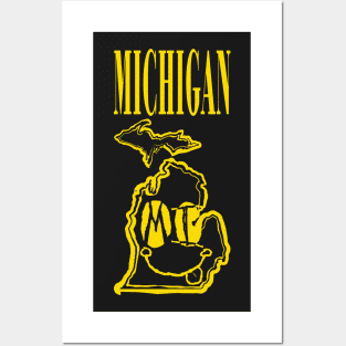 Michigan Grunge Smiling Face Black Background Posters and Art